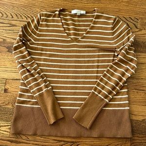 EUC Loft Petite Mustard Striped V-Neck Sweater